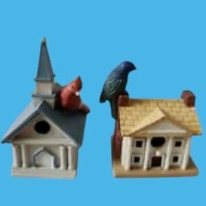 VTG LENOX 2ct. Cardinal Birdhouse/Bluebird House Resin/Ceramic 1980's Retired